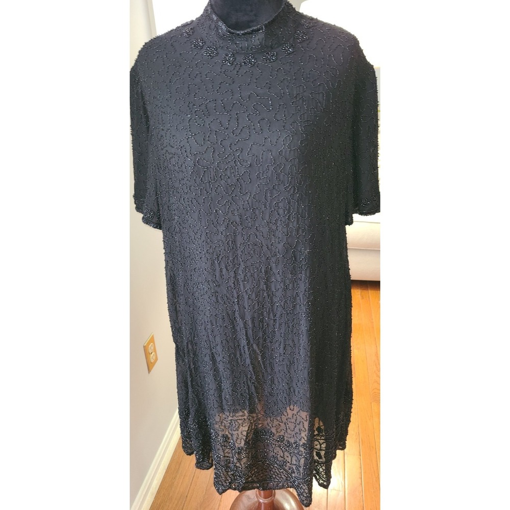 JKara Vintage Beaded Dress Silk Sz 2X Vtg‎ Black Embellished Evening Cocktail